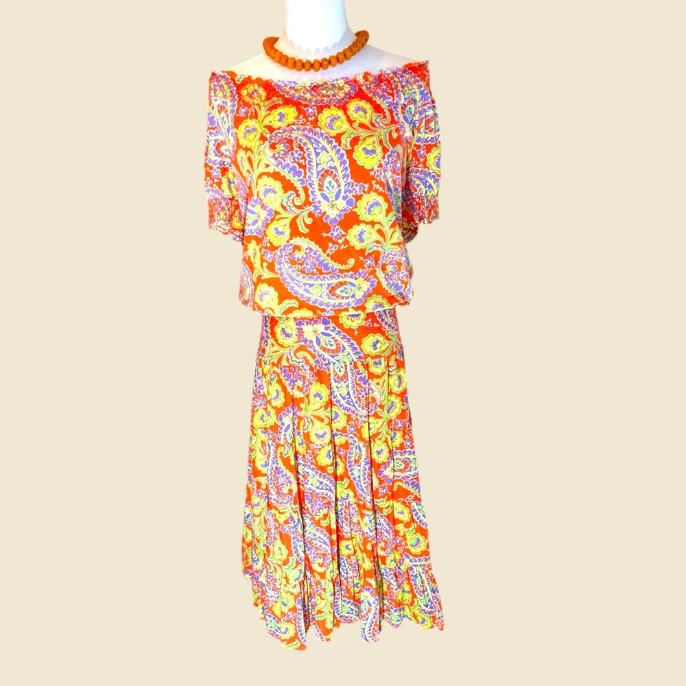 Lauren Ralph Lauren SZ‎ Large vintage off shoulder cotton shirt praire skirt set